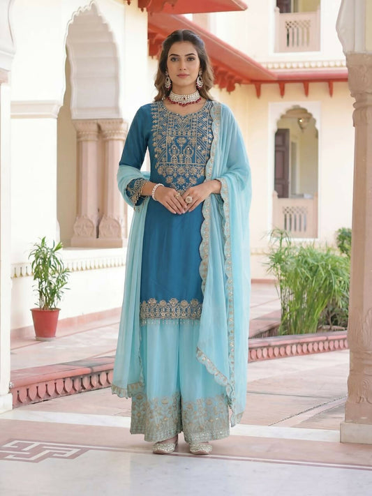 Joban Fashion Blue Silk Embroidered Sharara Set