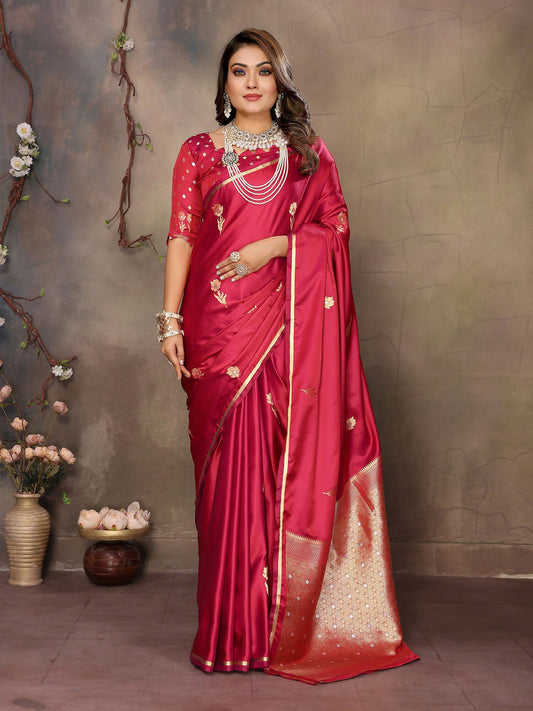 Joban Fashion Red Floral & Botanical Motifs Satin Silk Banarasi Silk Saree