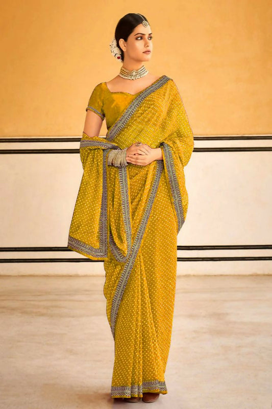 PR Fashion Yellow Georgette Embroidery Lace Saree