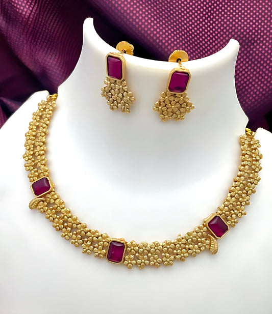 Jewel City Designer Gold Floral Necklace Set with Ruby Stones Elegant Matt Gold Finish Jewelry Set for Women Grab2Buy Jewel City Grab2Buy