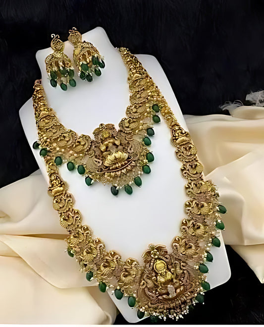 Jewel City Premium Gold Plated Double Layer Lakshmi Temple Necklace Set with Emerald Green Beads | Traditional Wedding Jewelry | Grab2Buy