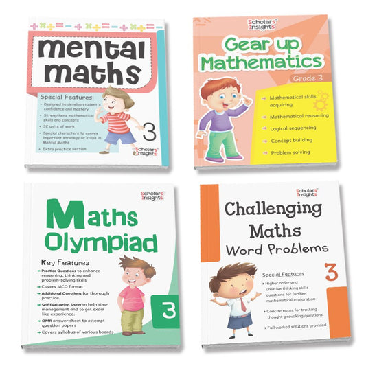 Grade 3 Comprehensive Learning with Mathematics Workbooks Set of 4 Ages 8-9 Years: Gear Up Math, Mental Math, Olympiad, and Challenging Word Problems