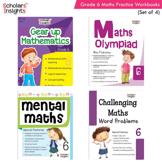 Grade 6 Comprehensive Learning with Mathematics Workbooks Set of 4 Ages 11-12 Years: Gear Up Math, Mental Math, Olympiad, Challenging Word Problems