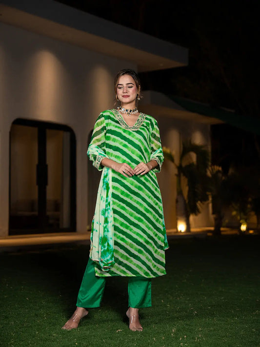 Yufta Green Leheriya Print Poly Georgette Straight Suit Set Grab2Buy Yufta Grab2Buy