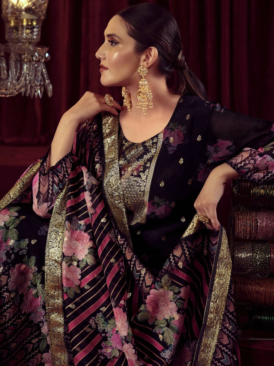 Aastha Fashion Women's Black Organza Jacquard Woven Kurta with Trouser & Dupatta - Grab2buy