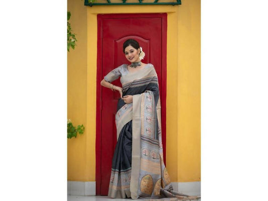 Aastha Fashion Women's Dark Grey Tussar Silk Digital Printed Saree with Blouse - Grab2buy
