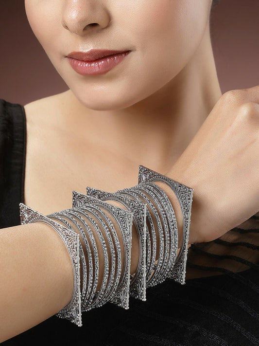 NVR Women's Set of 8 Silver-Toned German Silver Oxidised Bangles | Grab2Buy