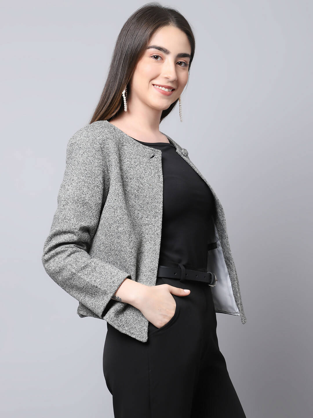 Even Apparels Grey Pure Wool Open Front Statement Women's Jacket - Grab2buy