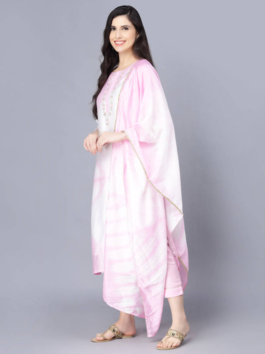 Myshka Women Pink Striped Empire Kurti with Trousers With Dupatta