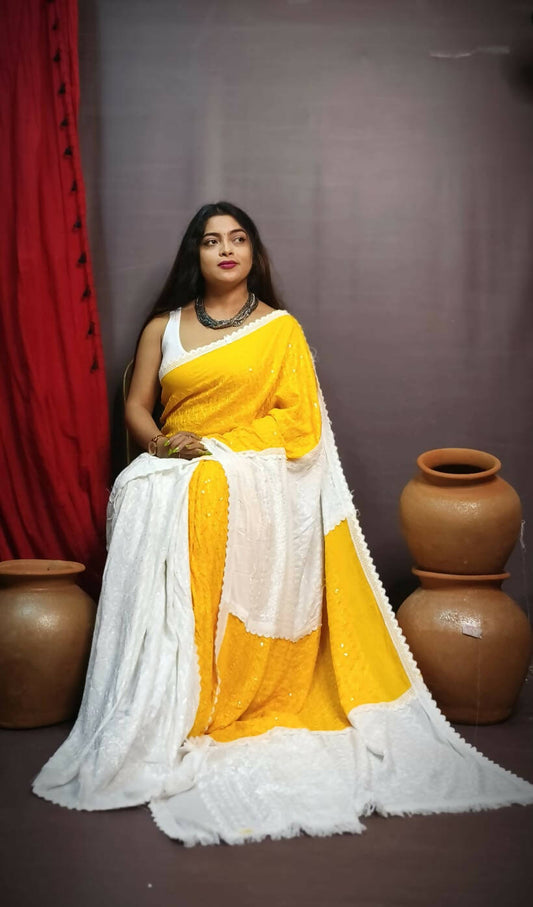 Exclusive Collection Chikankari Sequence Grab2Buy - White & Yellow