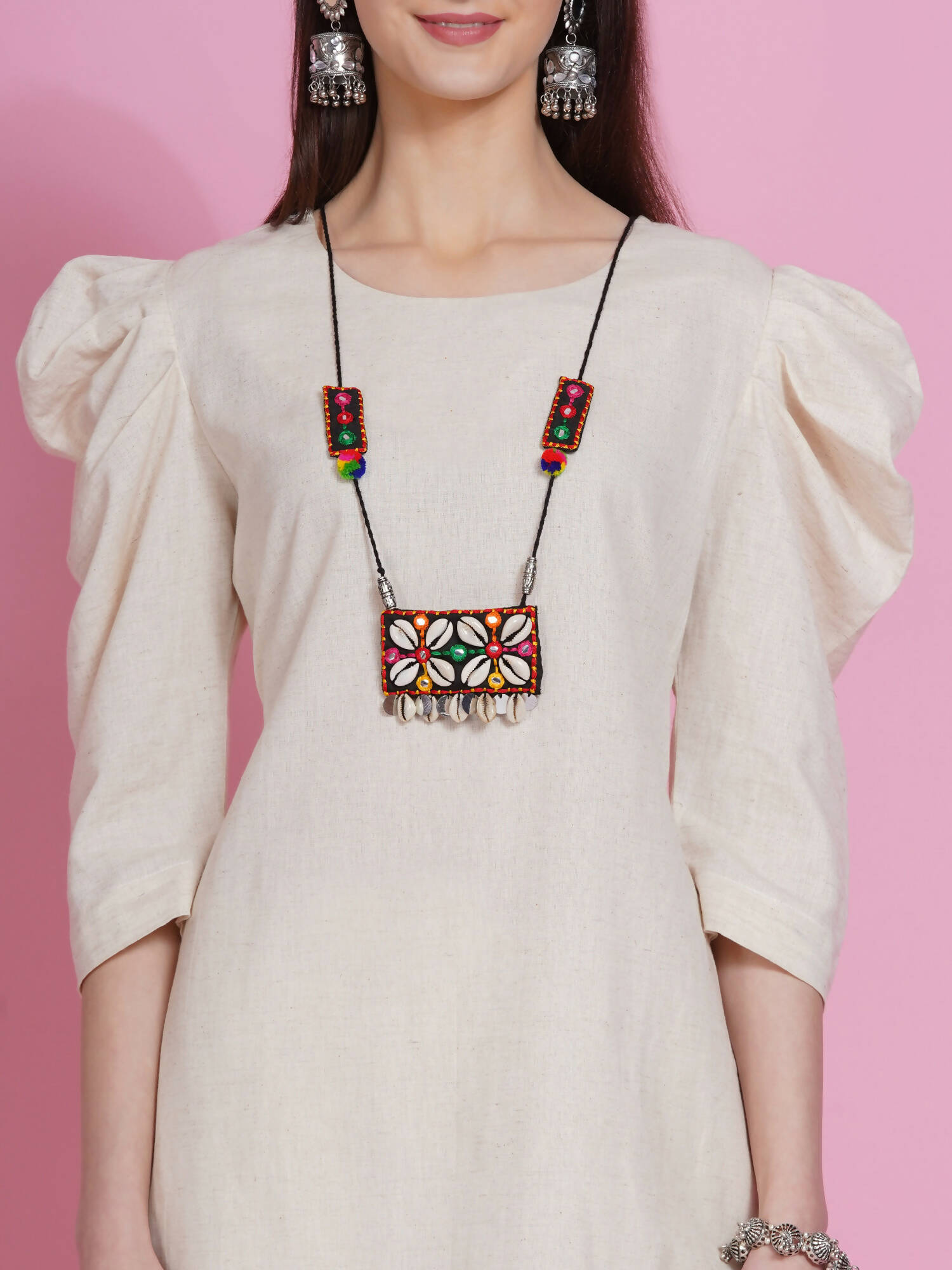 Women Republic Off White Cotton Flex Kurta With Attached Necklace And Pants - Grab2buy