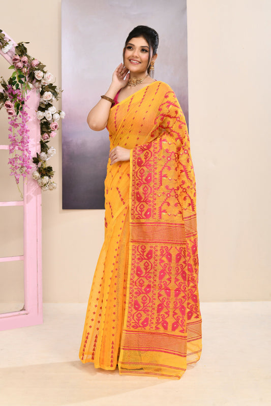 Piyari Fashion Women's Yellow Embellished Cotton Blend Jamdani Saree