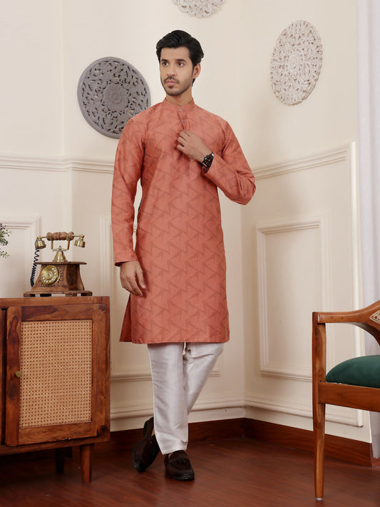 Orange Viscose Woven Jacquard Work Men's Rajwadi Kurta Set - Mahotsav