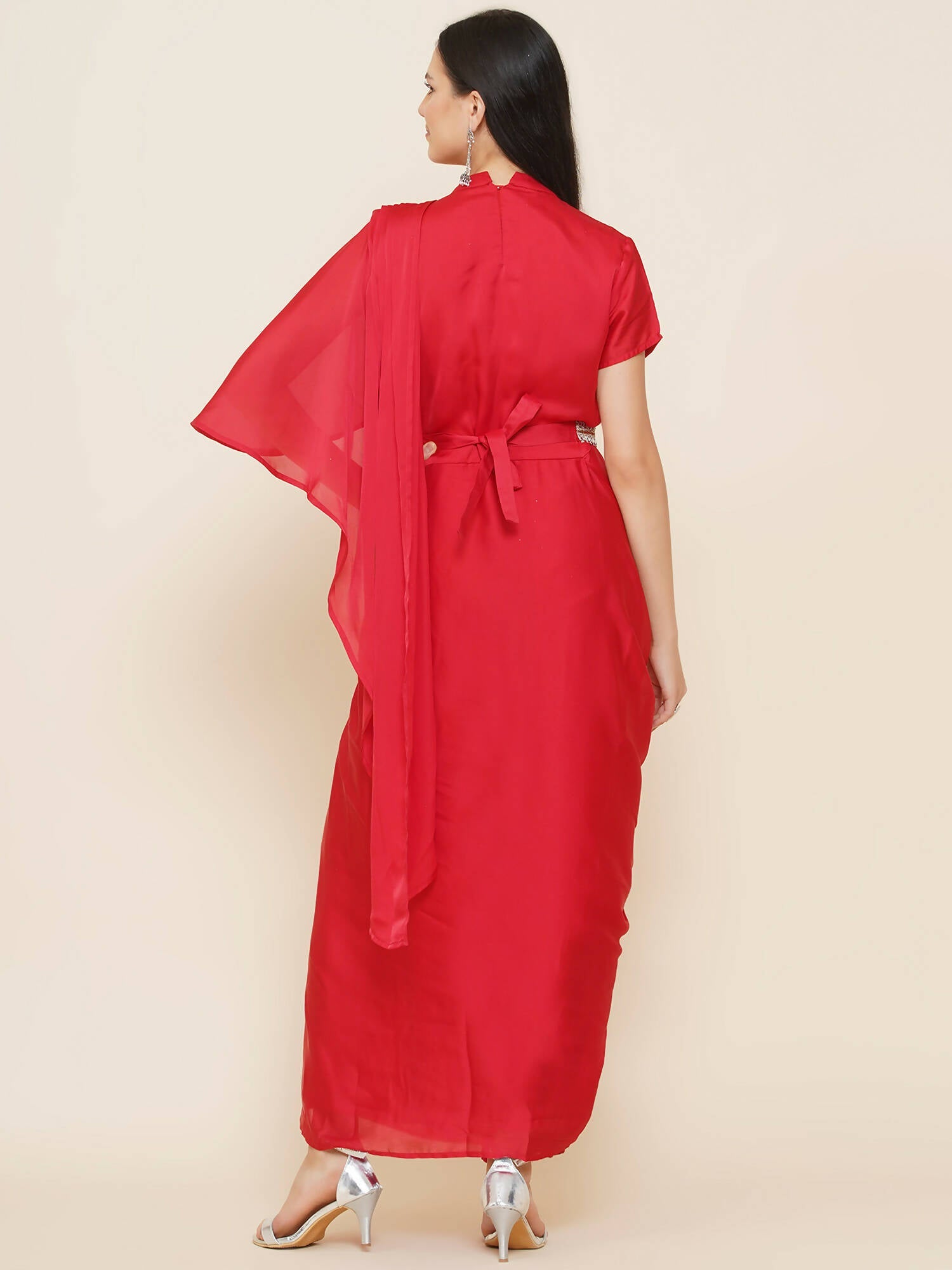 Women Republic Red Hand Embelleshed Gown With Drape - Grab2buy