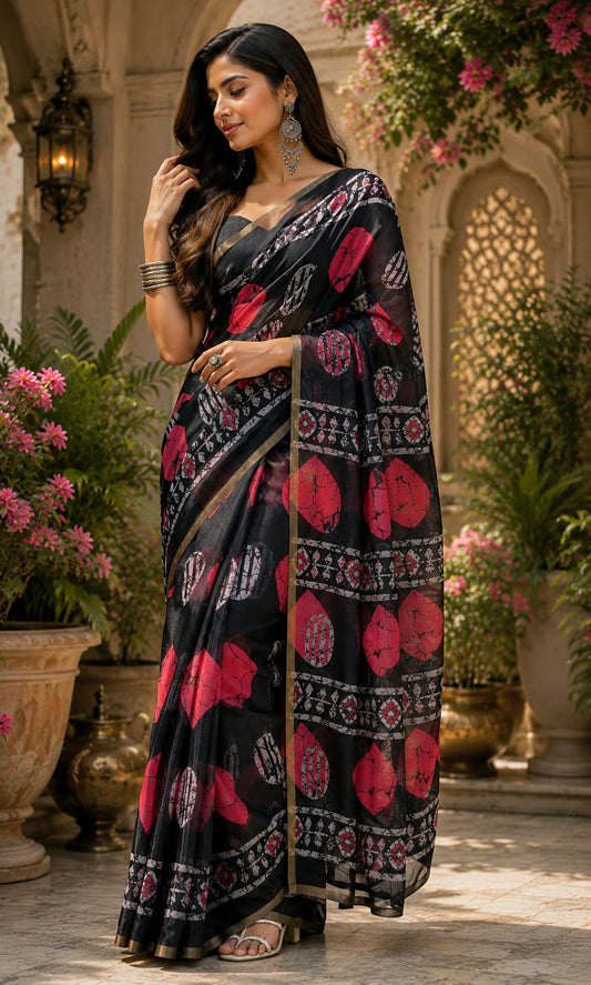 Dwija Fashion Women'S Casual Wear Printed Linen Designer Saree With Unstitched Blouse-Black