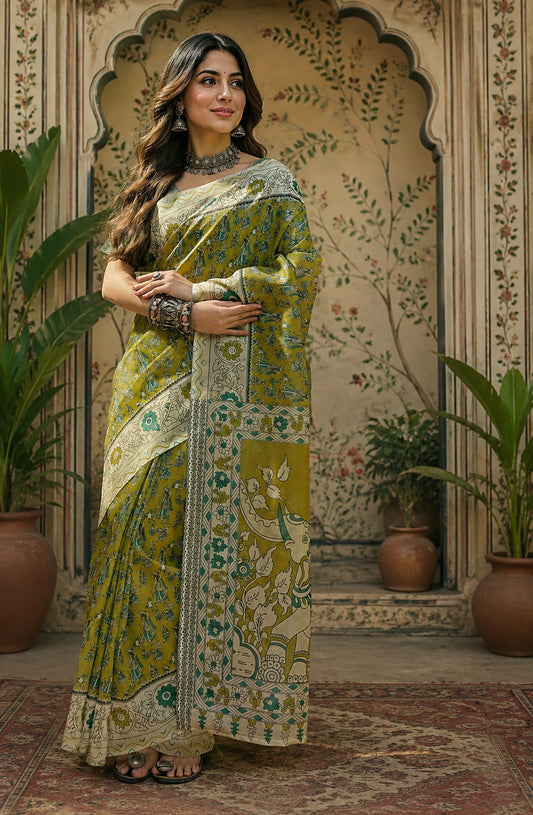 Dwija Fashion Women'S Casual Wear Printed Linen Designer Saree With Unstitched Blouse-Mint Green