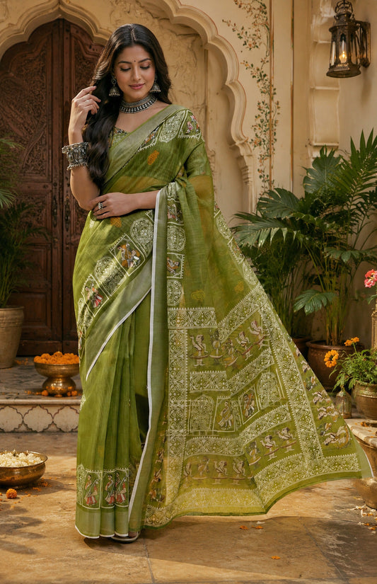 Dwija Fashion Women'S Casual Wear Printed Linen Designer Saree With Unstitched Blouse-Green