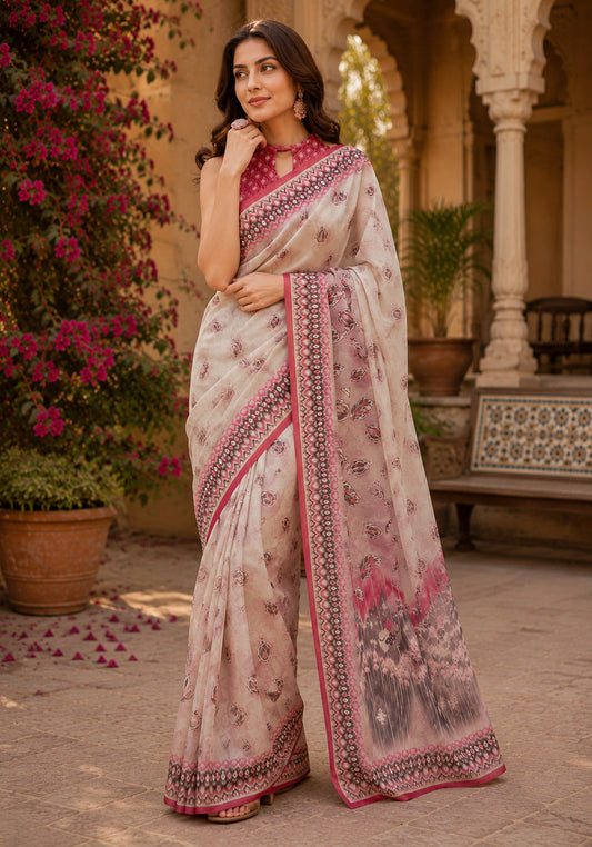 Dwija Fashion Women'S Casual Wear Printed Linen Designer Saree With Unstitched Blouse-White