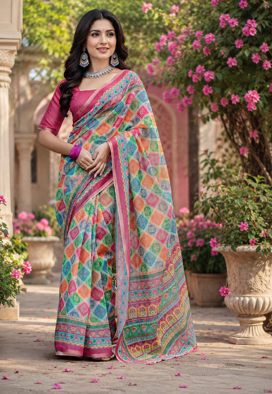 Dwija Fashion Women'S Casual Wear Printed Linen Designer Saree With Unstitched Blouse-Multicolor