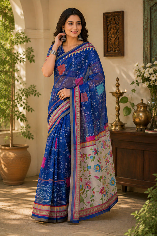 Dwija Fashion Women'S Casual Wear Printed Linen Designer Saree With Unstitched Blouse-Blue