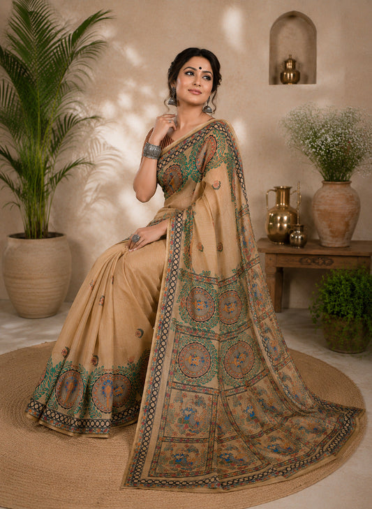 Dwija Fashion Women'S Casual Wear Printed Linen Designer Saree With Unstitched Blouse-Beige