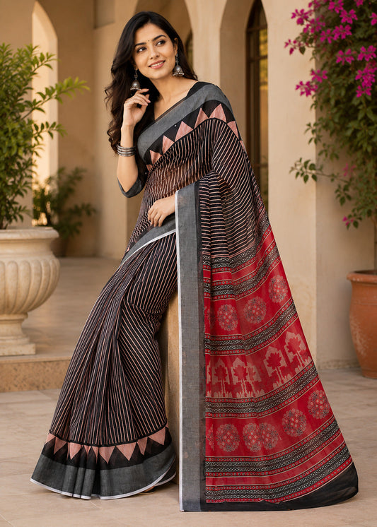 Dwija Fashion Women'S Casual Wear Printed Linen Designer Saree With Unstitched Blouse-Black