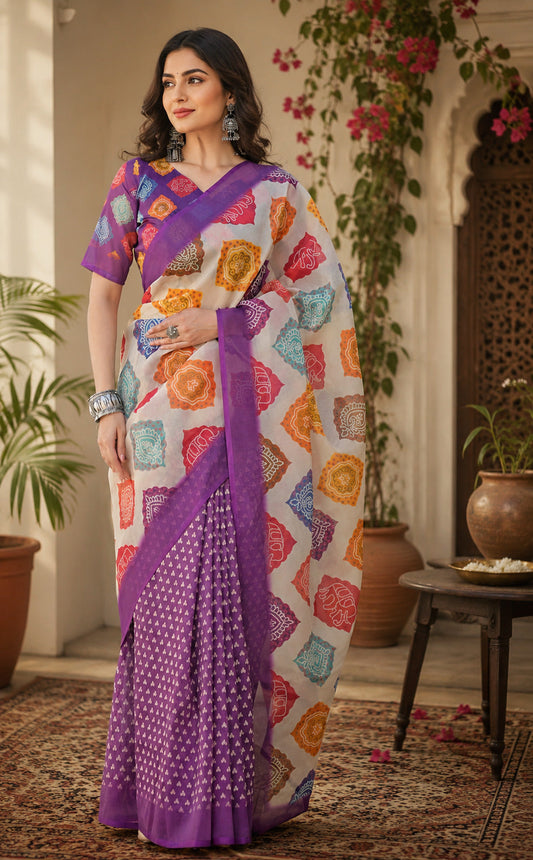 Dwija Fashion Women'S Casual Wear Printed Linen Designer Saree With Unstitched Blouse-Purple