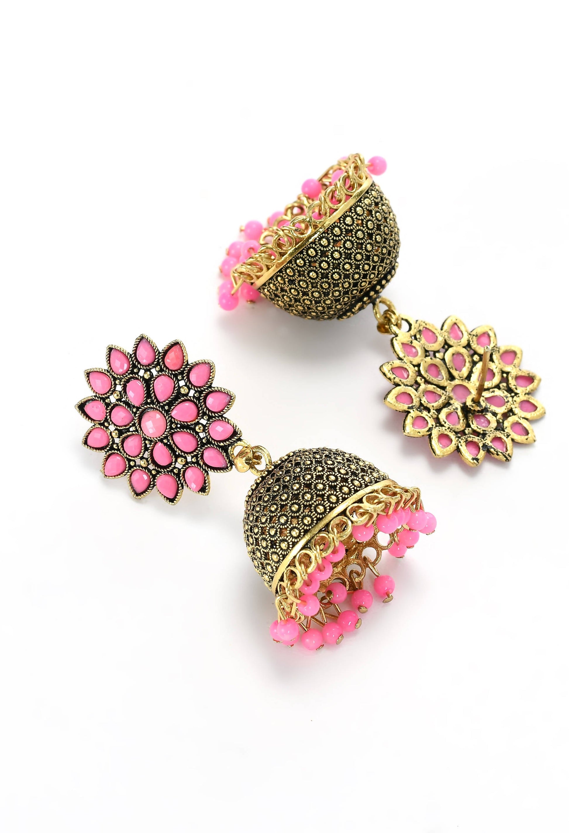 Mominos Fashion Johar Kamal Beautiful Kundan Work Jhumka With Baby Pink Beads - Grab2buy