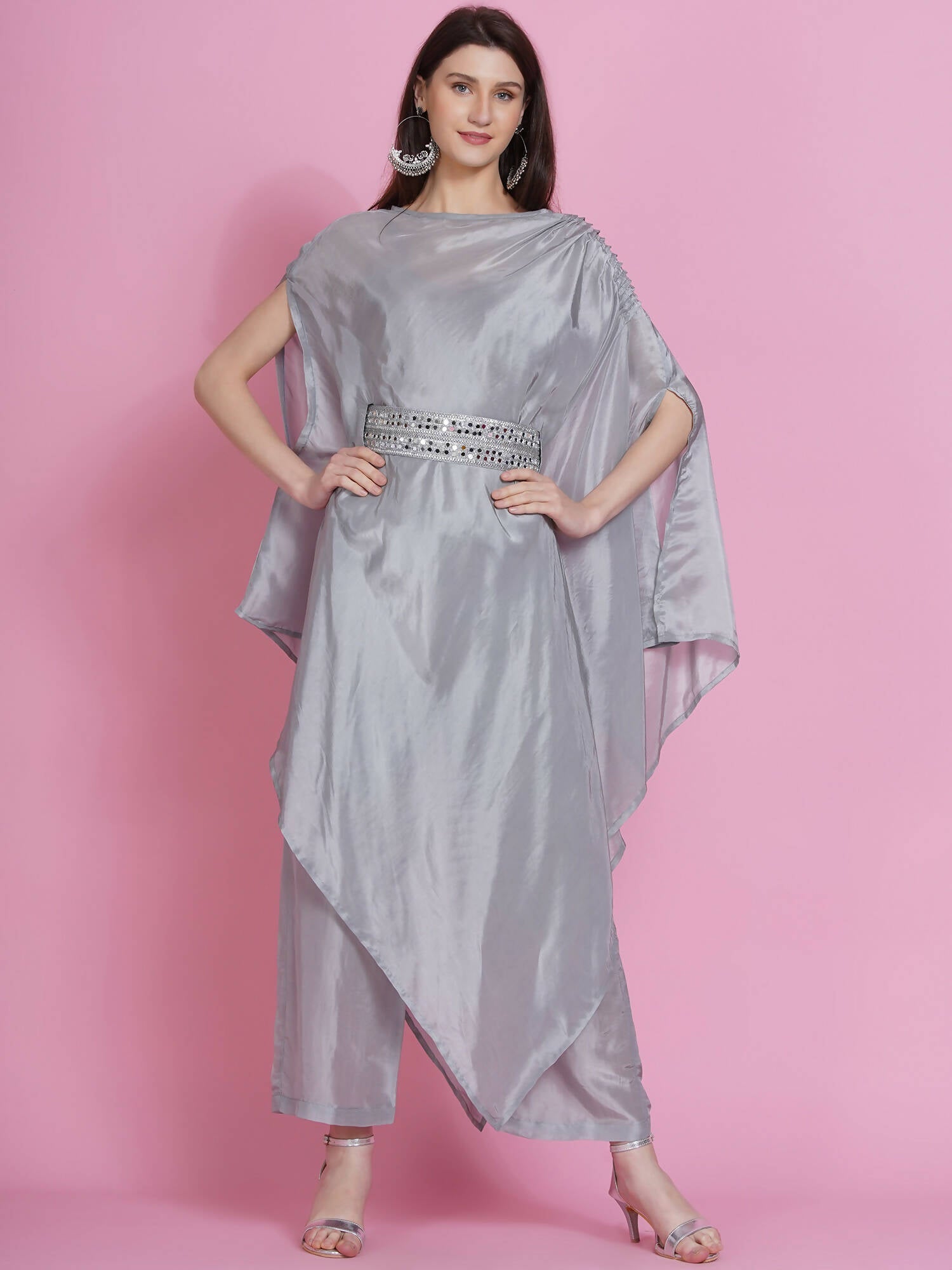Women Republic Grey Opara Silk Kurta With Belt And Palazzo - Grab2buy
