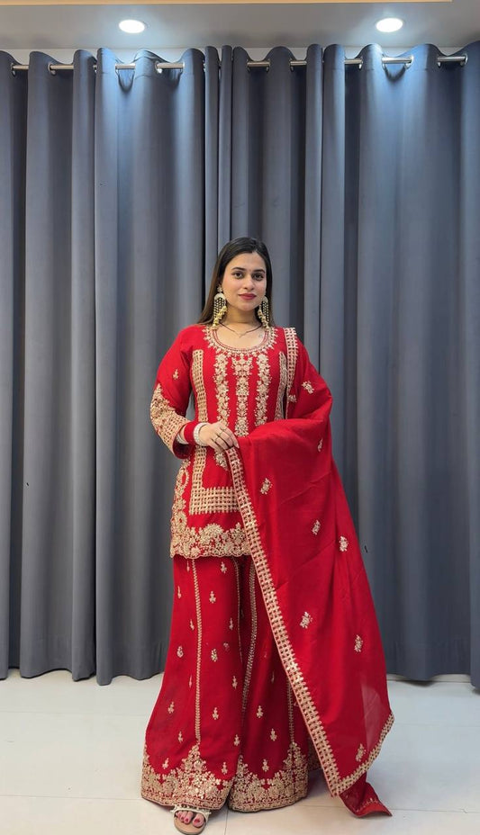Prazu Fashion Red Georgette Embroidered Sequin Palazzo Suit