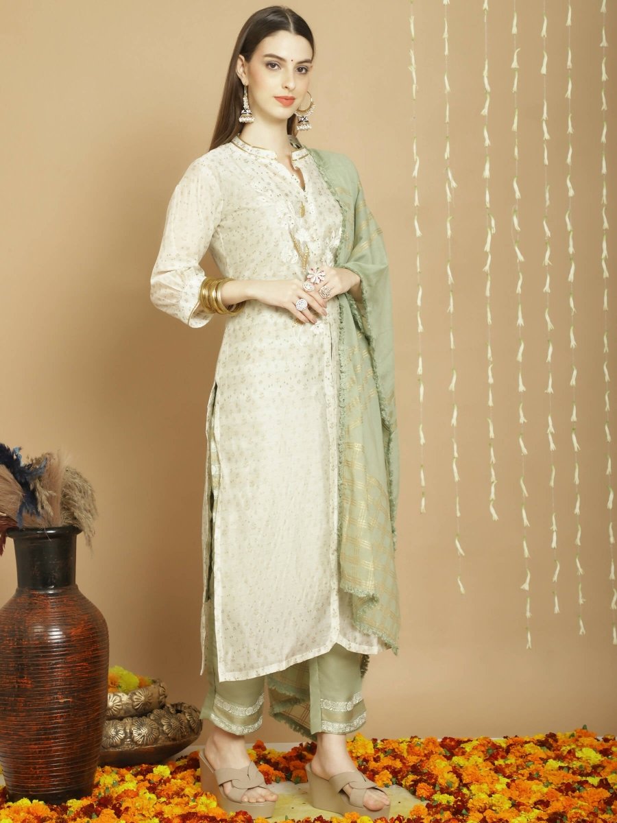 Aastha Fashion Women's Off White Chanderi Silk Elegant Jardoshi Kurta with Trouser & Dupatta - Grab2buy