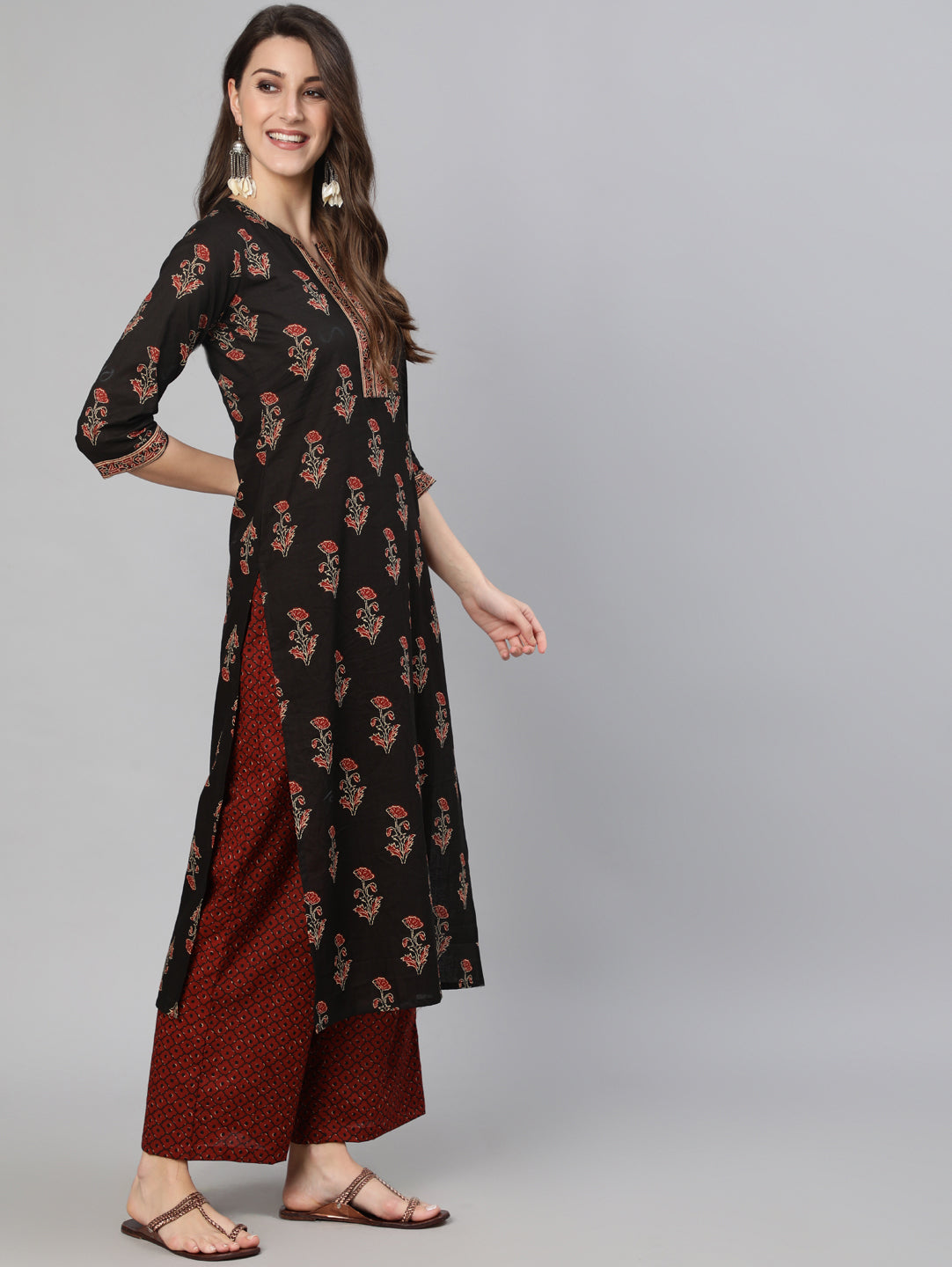 NOZ2TOZ Women Black & Maroon Floral Printed Straight Kurta With Palzzo And Dupatta - Grab2buy