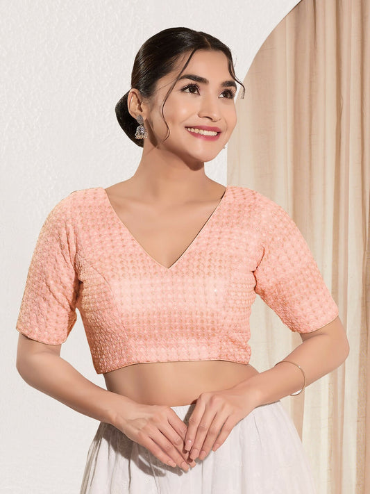 Joban Fashion Peach Crochet Padded Blouse With V Neck Elbow Sleeves