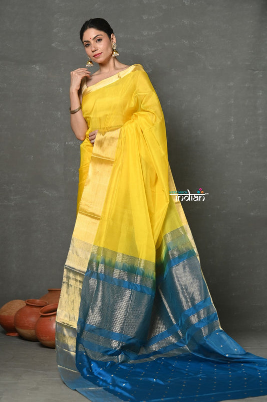 Very Much Indian Handloom Pure Cotton Silk Saree With Golden Border - Yellow | Swadesiicart
