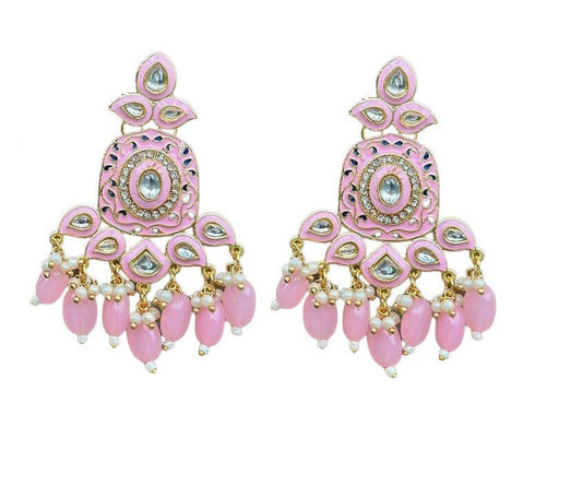 Gold-Toned Pink Kundan Contemporary Drop Earrings for Women & Girls By House of Ree - Grab2buy