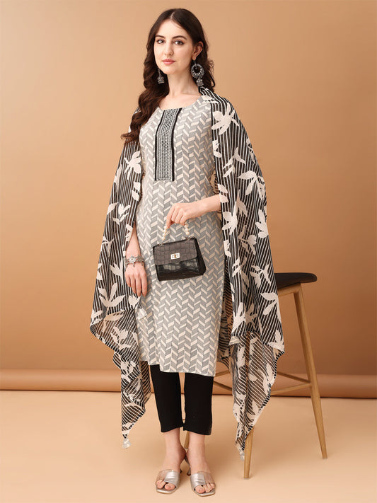 Embroidered & Printed Kurta With Pant & Printed Dupatta, Black - Hiral Fashion