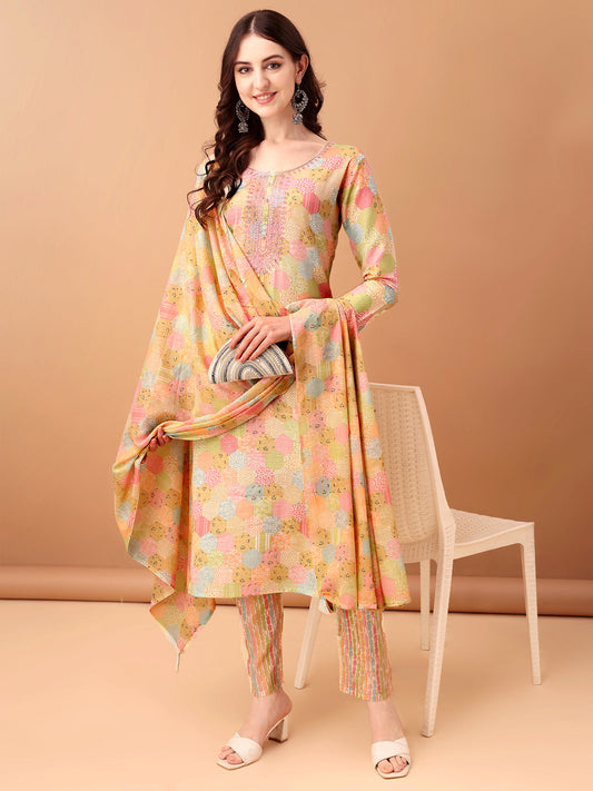 Embroidered & Printed Kurta With Pant & Printed Dupatta, Multicolor - Hiral Fashion