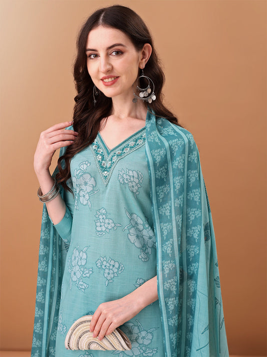 Embroidered & Floral Printed Kurta With Pant & Printed Dupatta, Blue - Hiral Fashion