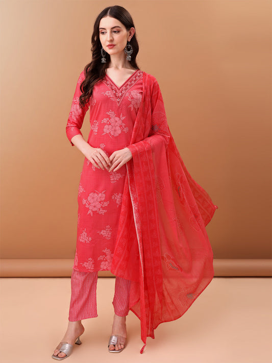 Embroidered & Floral Printed Kurta With Pant & Printed Dupatta, Pink - Hiral Fashion