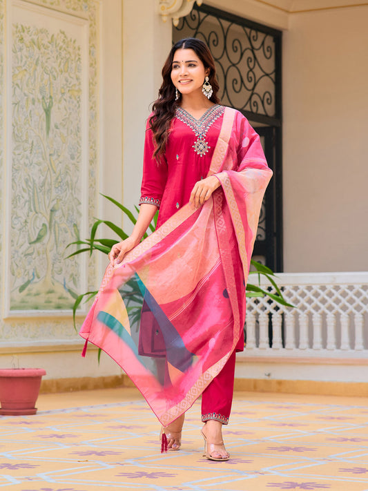 Hand Embroidered Kurta With Pant & Printed Organza Dupatta, Pink - Hiral Fashion