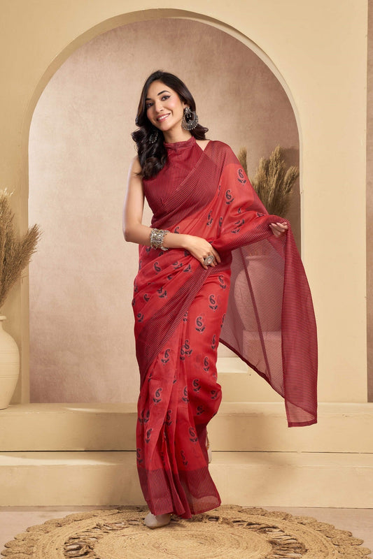 Dwija Fashion Maroon Party Wear Printed Linen Ready To Wear Saree With Unstitched Blouse