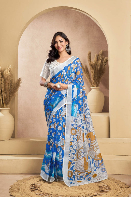 Dwija Fashion Blue Party Wear Printed Linen Ready To Wear Saree With Unstitched Blouse