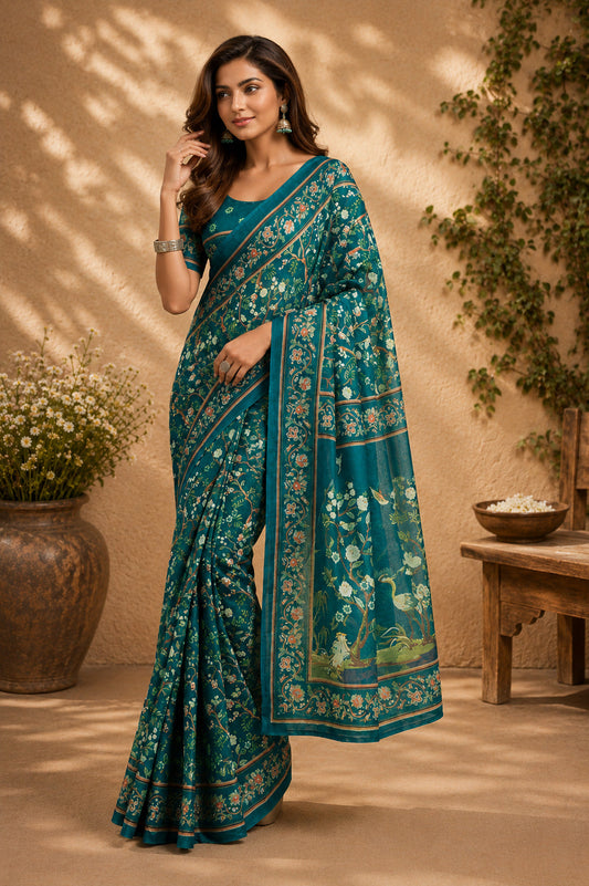 Dwija Fashion Teal Blue Party Wear Printed Linen Ready To Wear Saree With Unstitched Blouse