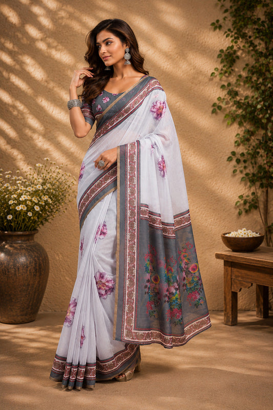 Dwija Fashion Lavender Party Wear Printed Linen Ready To Wear Saree With Unstitched Blouse