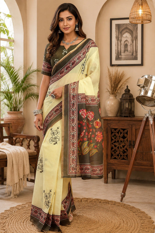 Dwija Fashion Lemon Yellow Party Wear Printed Linen Ready To Wear Saree With Unstitched Blouse