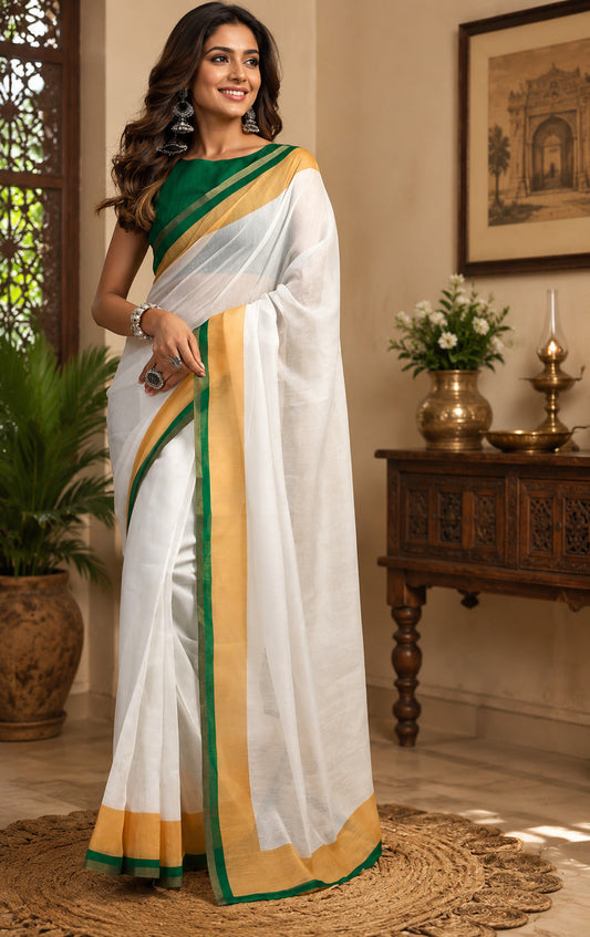 Dwija Fashion White Party Wear Printed Linen Ready To Wear Saree With Unstitched Blouse