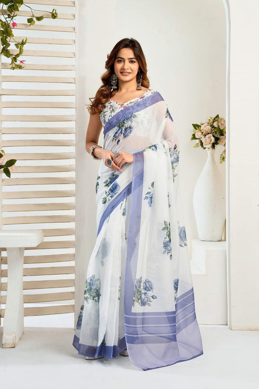 Dwija Fashion White Party Wear Printed Linen Ready To Wear Saree With Unstitched Blouse