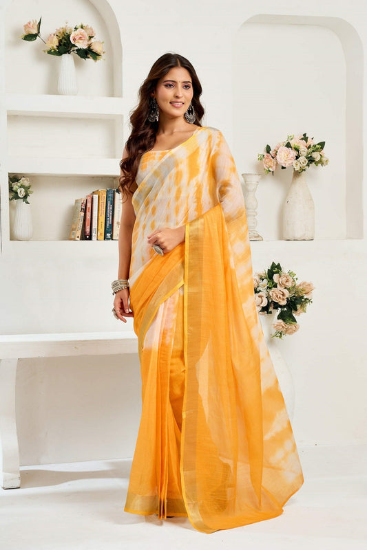 Dwija Fashion Yellow Party Wear Printed Linen Ready To Wear Saree With Unstitched Blouse