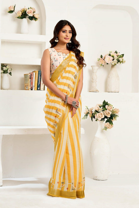 Dwija Fashion Yellow Party Wear Printed Linen Ready To Wear Saree With Unstitched Blouse