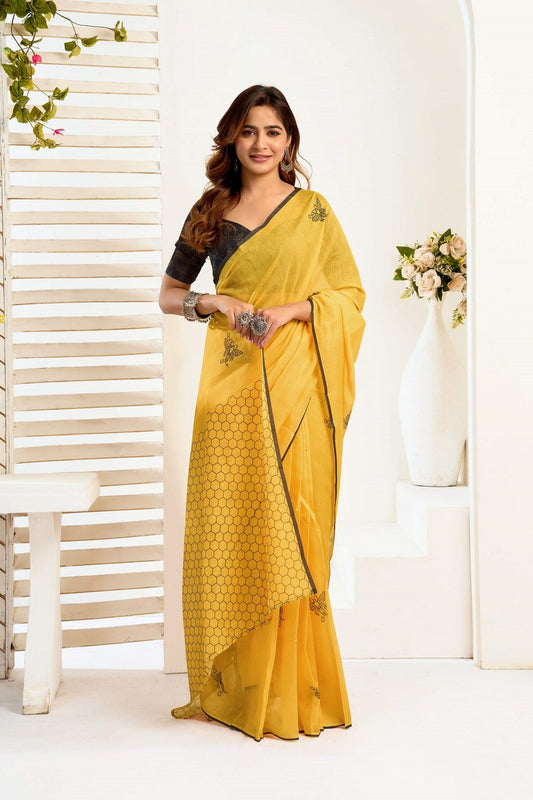 Dwija Fashion Yellow Party Wear Printed Linen Ready To Wear Saree With Unstitched Blouse